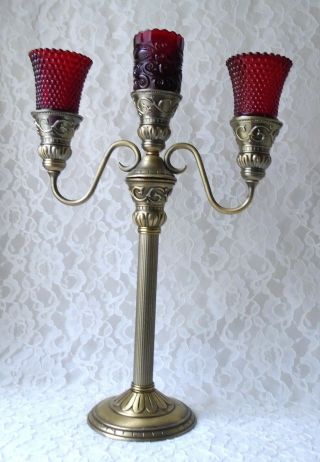 Candelabra 2006 Partylite Classic Creations Satin Gold 3 Arm,  Red Glass Shades