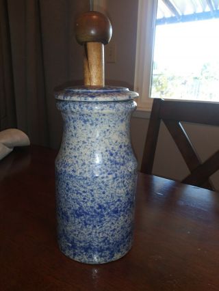 Vintage Blue And White Speckled Stoneware Butter Churn With Wooden Handle.