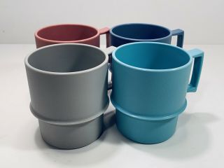 Tupperware 4 Vtg Stackable Coffee Mugs Cups Gray / Blue / Pink / Turquoise 1312
