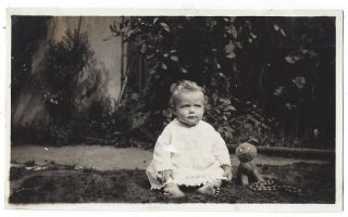 Young Child In The Garden With Soft Toy - Vintage Photograph C1930