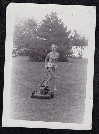 Antique Vintage Photograph Sexy Woman In Bathing Suit Mowing The Lawn