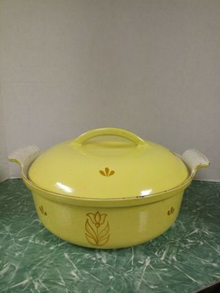 Vintage Dru YellowTulip Enamel Cast Iron Pot W/Lid Made In Holland 10.  5 