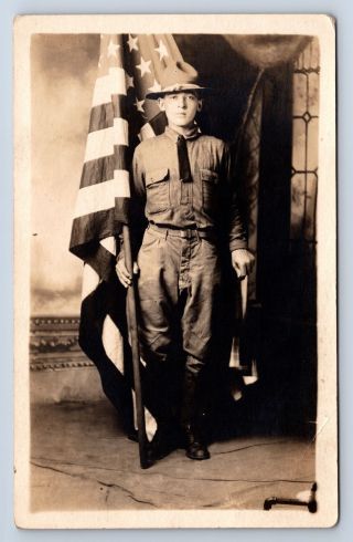 Vintage Rppc Wwi Military Soldier W/ United States Flag Chillicothe Oh 1918 A13
