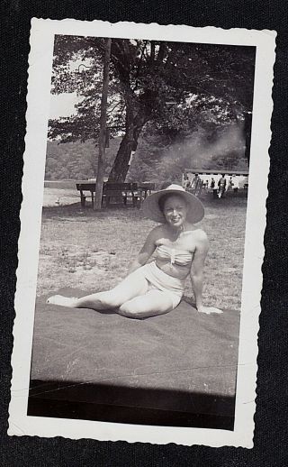 Antique Vintage Photograph Sexy :woman In Bathing Suit & Hat Sitting On Blanket