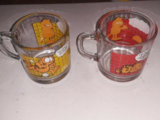 Vintage 1978 Mcdonalds Garfield Glass Coffee Cups,  Mugs By Jim Davis Set Of 2