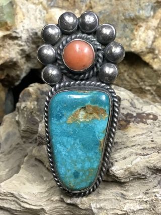 Big,  Native American Sterling Silver,  Red Coral & Turquoise Vintage Ring,  14.  3g