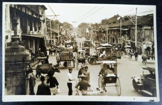 1934 Rppc Of Busy Street Lorrys & Rickshaws Thailand? Real Photo Postcard