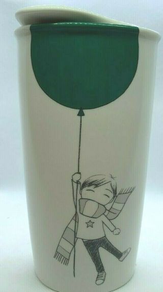 Starbucks Ceramic Travel Mug With Lid Boy With Green Dot Balloon 12 Oz 2014