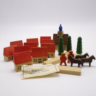 Wood Buildings Animals Miniature Toys In Mesh Bag Erzgebirge East Germany Gdr