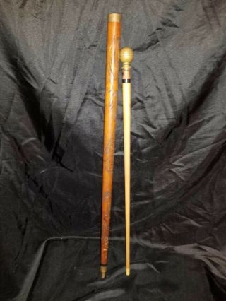 Vintage Carved Wood & Brass Walking Stick/ Cane With Hidden Billards/ Pool Stick