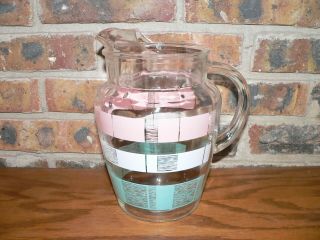 Vintage Mid - Century Pastel Pink White & Blue Design Glass Pitcher Mcm