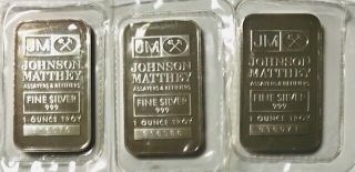 Usa - (3) Vintage Johnson Matthey 1 Ounce.  999 Fine Silver Bars - 1982