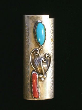 Vintage Navajo Sterling Silver,  Turquoise & Coral Signed Bic Lighter Case