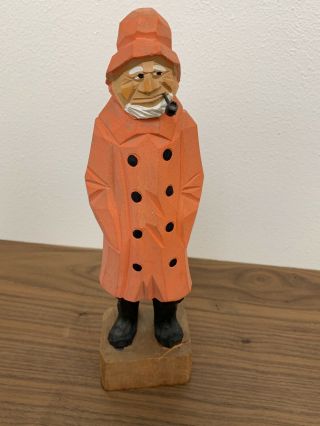 Vintage Wood Hand Carved Sea Captain With Smoking Pipe,  Rain Slicker Coat 11.  5”