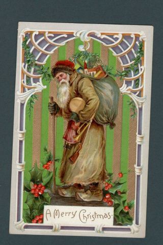 Vintage C1910 Christmas Postcard - Brown Robe Santa - Gold Enhanced United Art