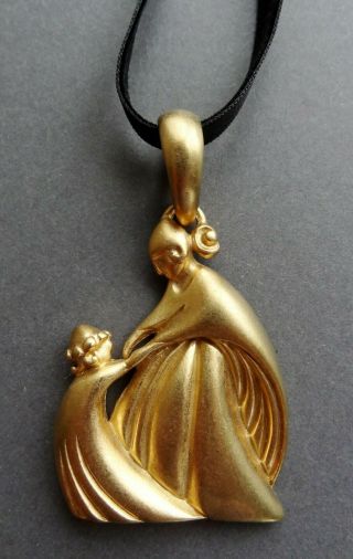 Auth Vtg Lanvin Paris Gold Tone Metal Mother & Daughter Logo Pendant Necklace