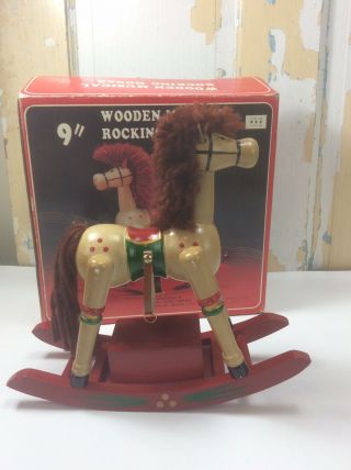 Vtg 1984 Wooden Rocking Horse Enesco W/ Music Box 9 " Tall Test/works; Red Train