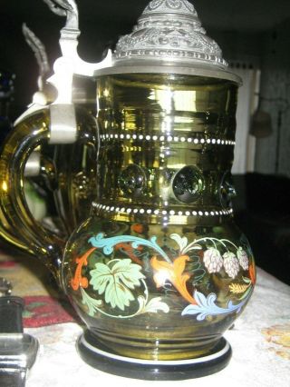 Antique German Beer Stein - Amber Glass With Hand Painted Floral