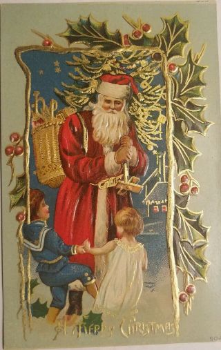 Vintage C1910 Postcard Santa W/xmas Tree,  Toys,  Happy Children Dancing