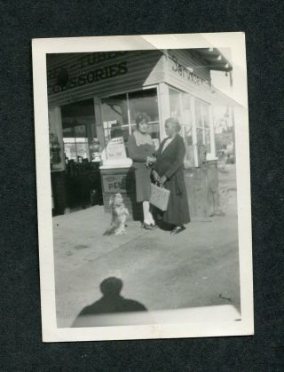 Vintage Photo Women At Gas Station W/ Pet Dog Coin Op Gum Unusual Shadow 388056