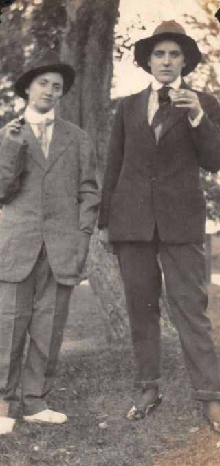 Vintage 1910s Snapshot Black White Photo Two Girls Dressed As Men Smoking Hats