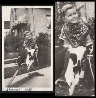 Deadly Catapult Unsafe Horse Toy & Cowboy Costume Boy 1933 Vintage Photo
