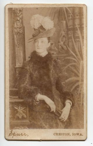 Antique 1800s Victorian Era Cdv Photo Woman In Feather Hat Iowa Circa 1880s