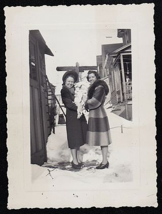 Antique Vintage Photograph Two Women In Cool Outfits Holding Baby In Snow