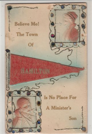 Town Of Hamilton Embossed Telephone Material Novelty Greetings Vintage Postcard