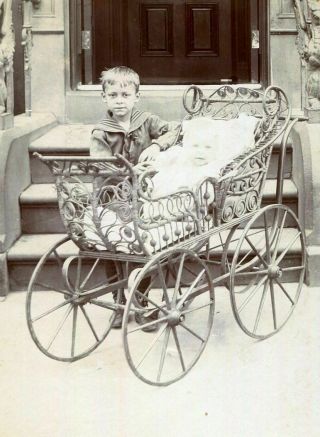 Antique Cabinet Photo Cute Little Boy & Baby W Exquisite Rattan Pram Carriage