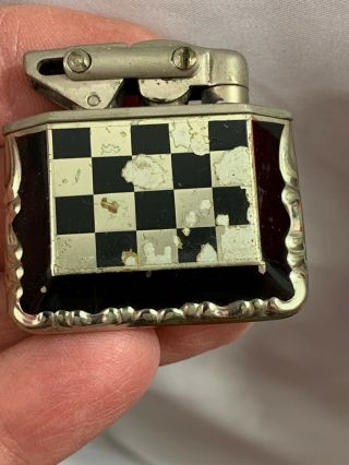 Vintage Kw Pocket Lighter - Fancy Shape With Checkerboard Enamel