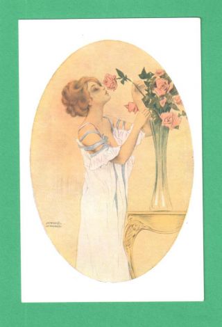 Vintage Raphael Kirchner Art Postcard Lady Smells Pink Roses In Vase