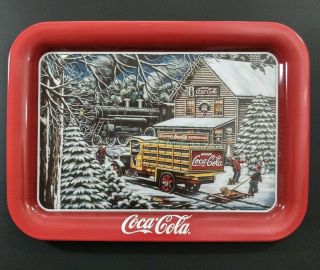 1999 Coca - Cola Metal Tray Winter Scene Coke Christmas Steam Engine Locomotive