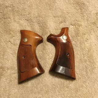Vintage Smith And Wesson Factory Target Grips With Checkered Wood