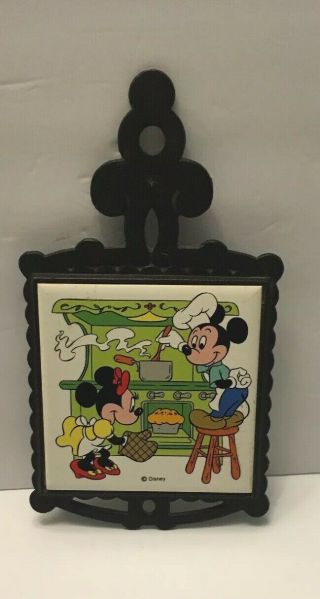 Vntg Walt Disney Mickey And Minnie Mouse Cooking Trivet Cast Iron & Ceramic,  9 "