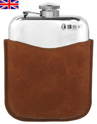 Hand Made Pewter Hip Flask 6oz Captive Top,  Tan Leather Sleeve,  Engraving