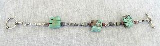 Vintage carved turquoise elephants gemstone beads and silver bracelet signed 22g 2