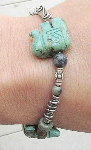 Vintage carved turquoise elephants gemstone beads and silver bracelet signed 22g 3