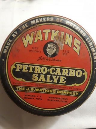 Watkins Petro - Carbo Salve Tin Vintage The Jr Watkins Company 4 1/2 X 1 3/4 ".