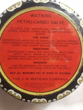 WATKINS PETRO - CARBO SALVE TIN VINTAGE THE JR WATKINS COMPANY 4 1/2 X 1 3/4 