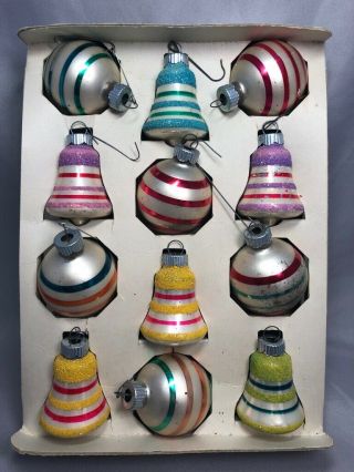 12 Vintage Shiny Brite Glass Christmas Tree Ornament Striped Bells & Balls Box
