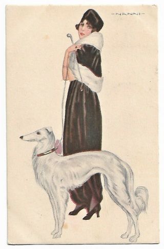 Glamour Lady W Borzoi Greyhound Dog 1920s Vintage Art Deco Signed Nanni