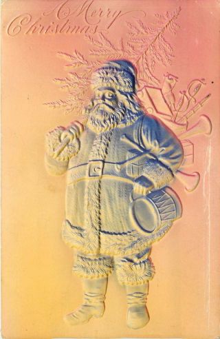 C1908 Embossed Airbrush Christmas Postcard Standing Santa W Horns Drum Toys Tree