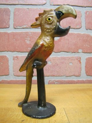 Old Cast Iron Parrot Bottle Opener Figural Bird Perched Multi Color Bar Pub Tool
