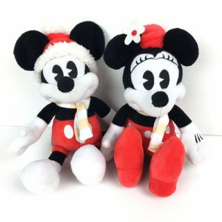 Disney Mickey & Minnie Mouse Holiday Plush Toy 7” Black White Red Winter