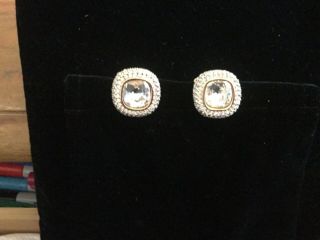 Vtg Swarovski Signed Large Clip - On Earrings–clear Square Set Crystals