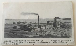 Postcard Pc Munsing Michigan Mi Paper Mill Plant Smoke Stack 1903?