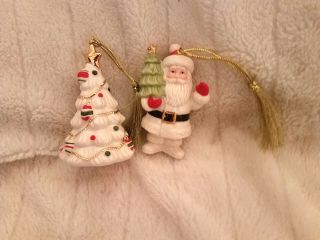 Lenox Very Merry Porcelain Santa Claus And Christmas Tree Ornament Set Of 2