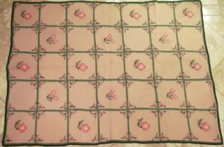 Vintage Crochet Afghan Blanket Throw Tiles Roses Flower 64 X 47 Taupe Pink Green