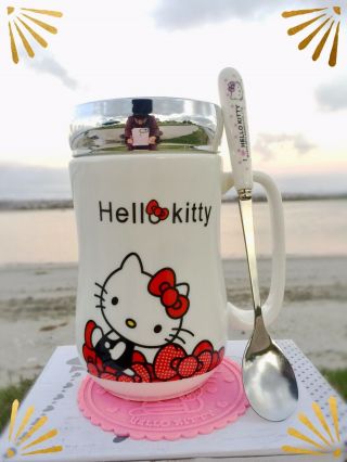 Hello Kitty Cute Ceramic Cup / Mug C/w Spoon And Silicone Coaster And Diamond